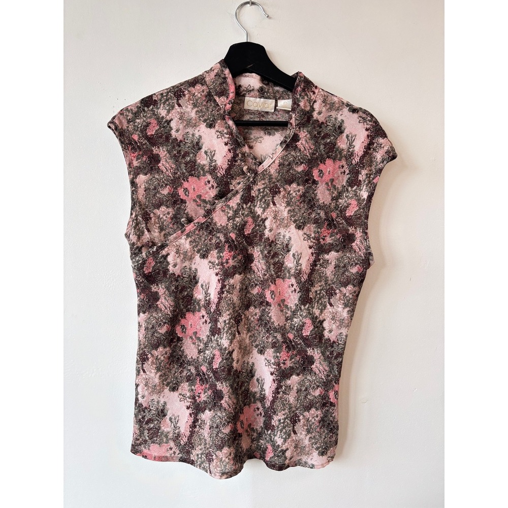 Vintage Caviar Blouse Womens‎ Large Floral Mandarin Collar Cap Sleeve Retro Top